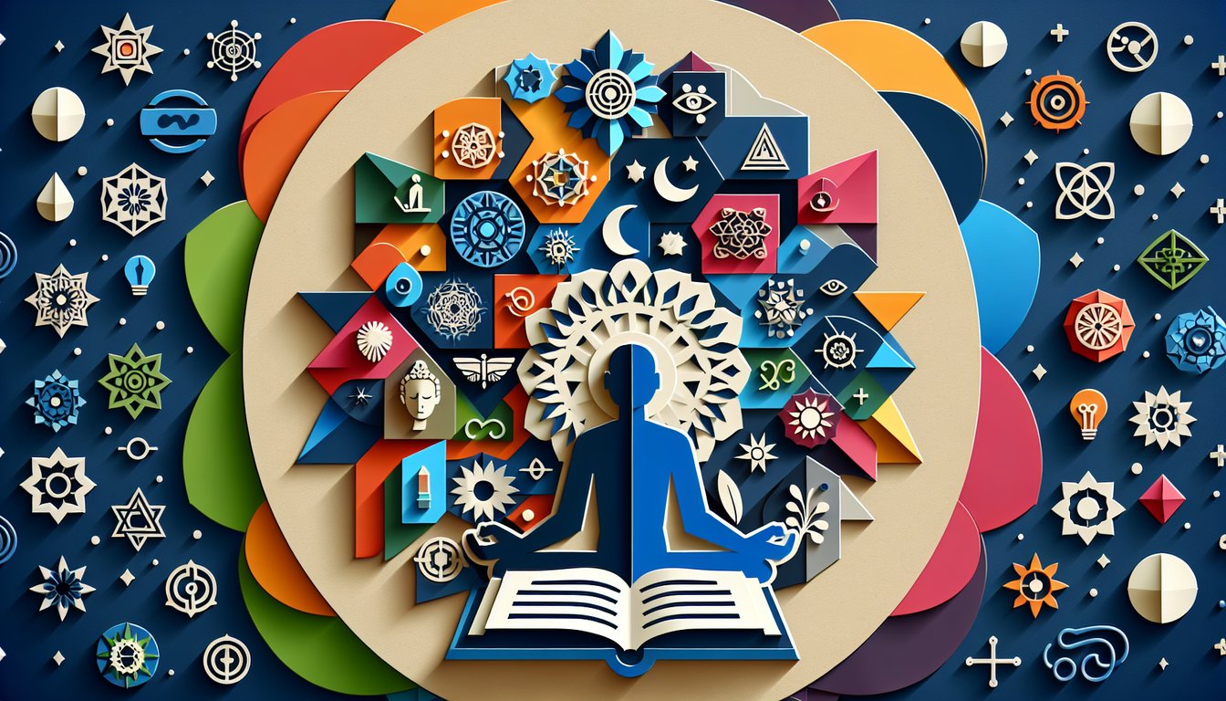 Colorful paper art depicting elements related to Spiritual Philosophy Knowledge Test