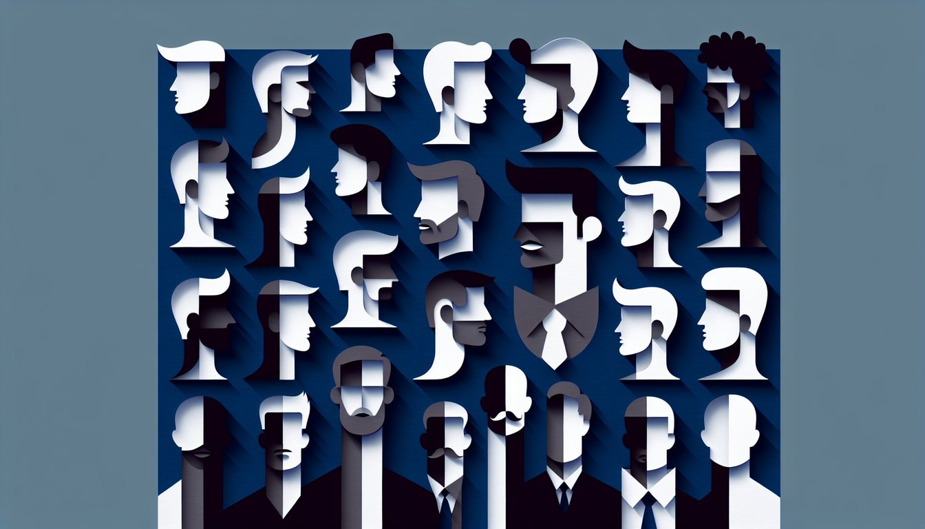 Paper art illustration for a quiz determining physical preferences in men on a dark blue background