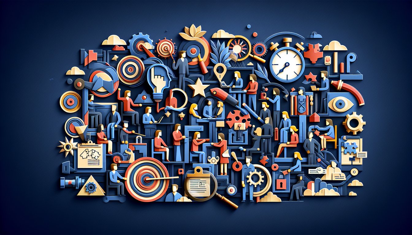 Paper art style quiz graphic with magnifying glass puzzle pieces and detail icons on dark blue background
