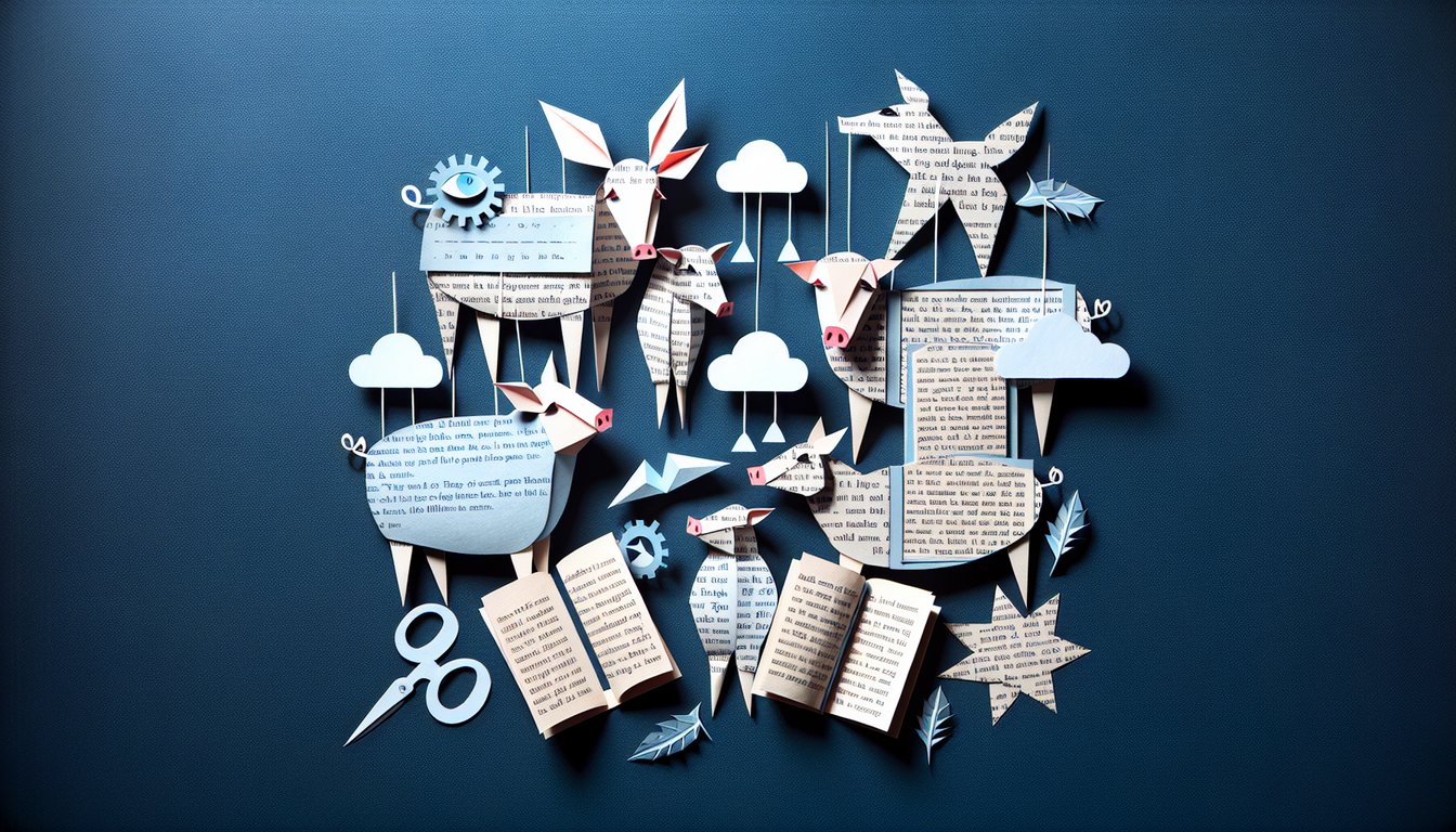 Paper art depicting trivia quiz on Animal Farm Chapters 1-3 for high school literature students.