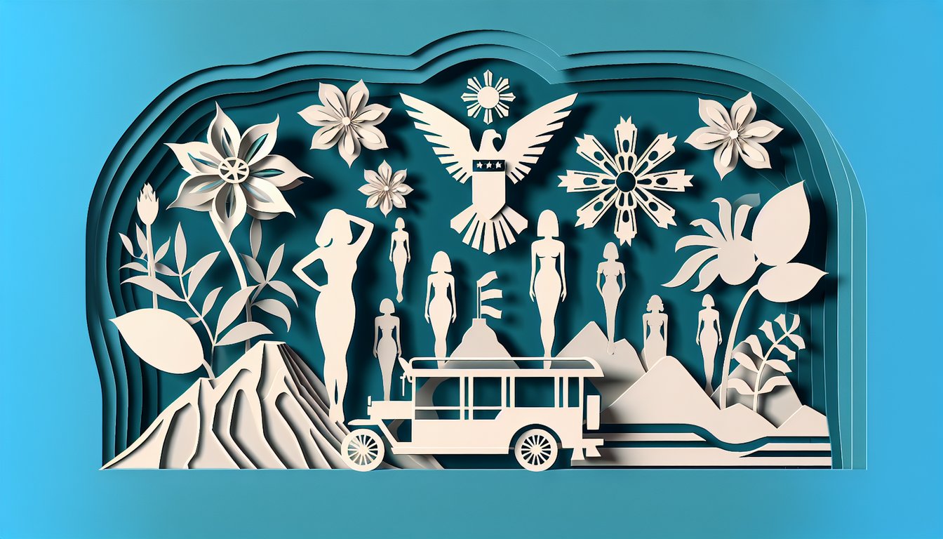 Paper art illustration for a quiz about identifying iconic Filipino beauties on a teal background.