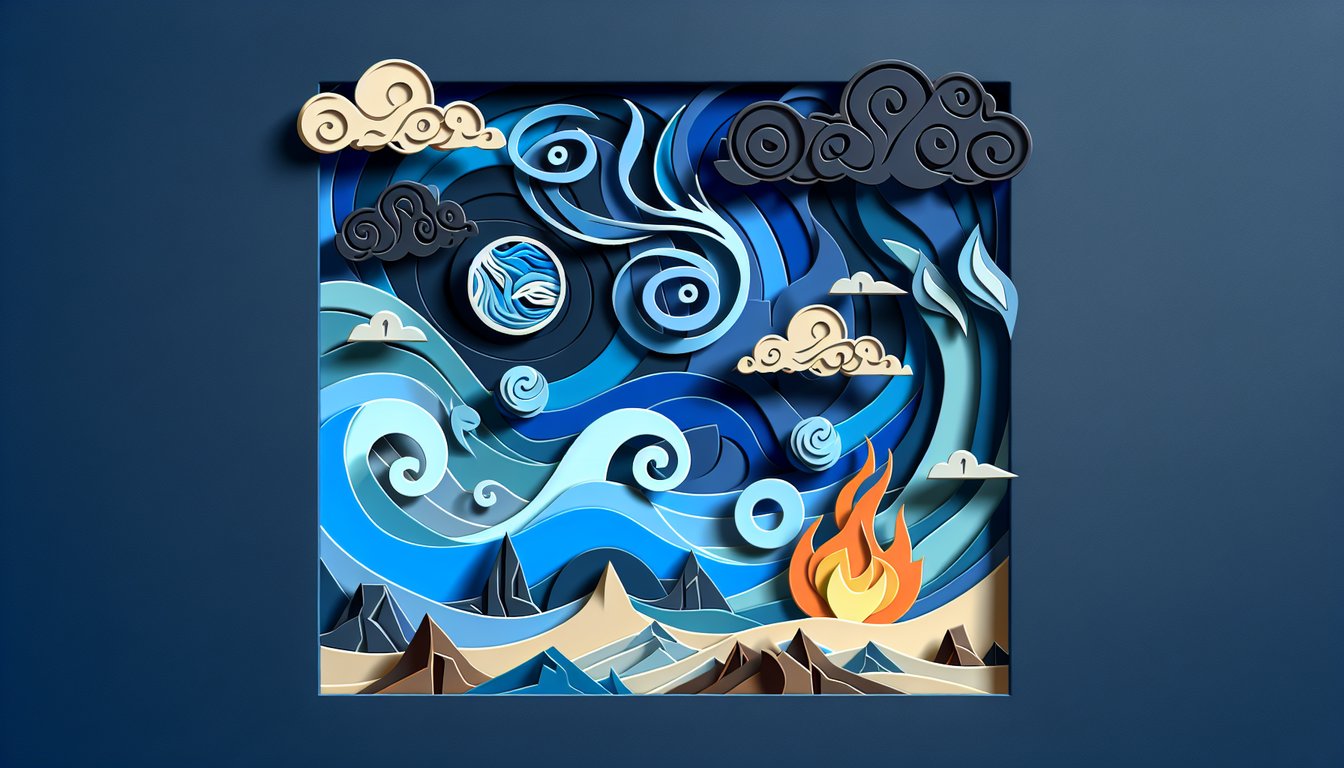 Paper art illustration for Avatar the Last Airbender trivia quiz on a dark blue background