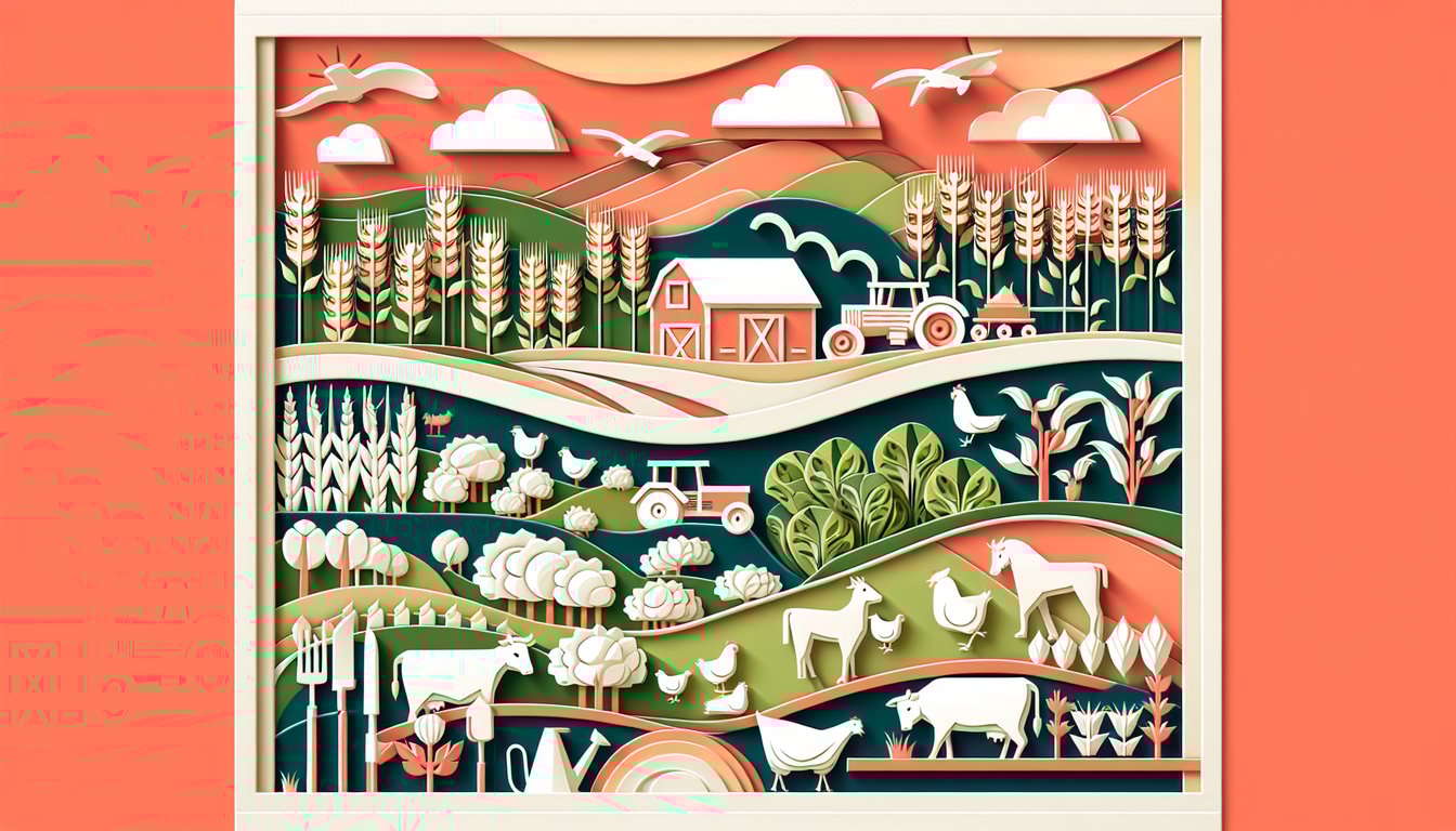 Paper art quiz illustration featuring farm trivia on a coral background