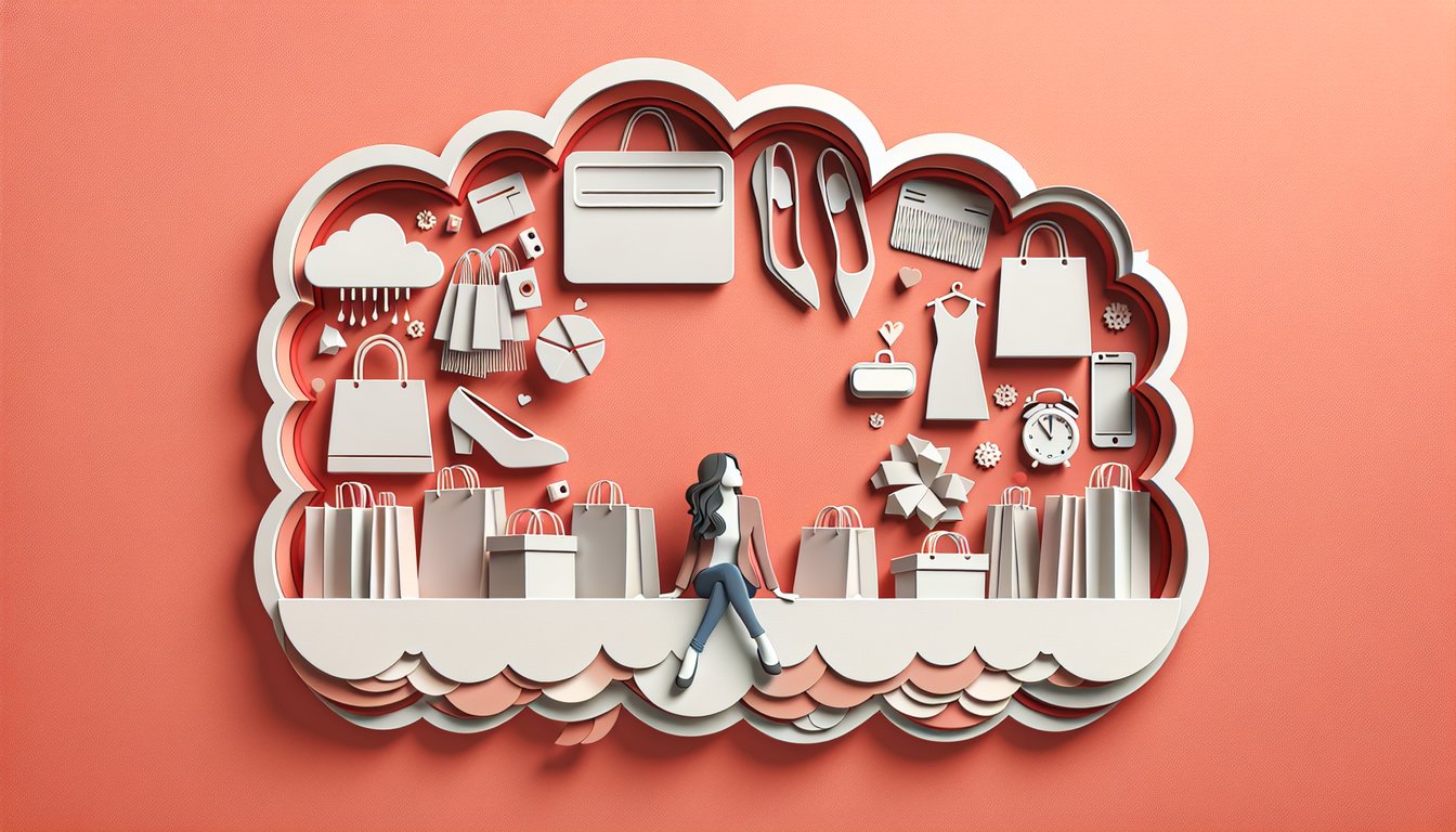 Paper art illustration of shopping bags gift boxes coins and sale tags on coral background quiz on shopping addiction
