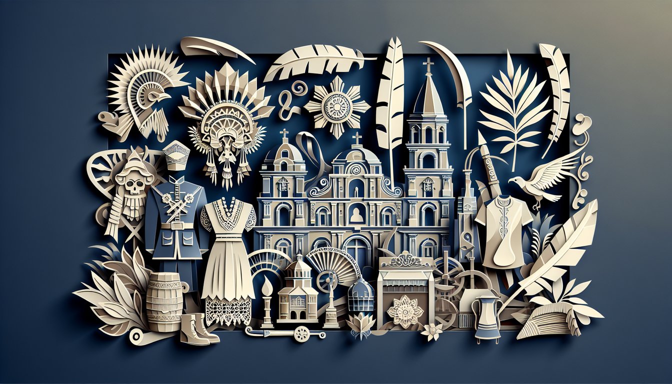 Paper art style Philippine history free quiz graphic featuring traditional icons and text on dark blue background
