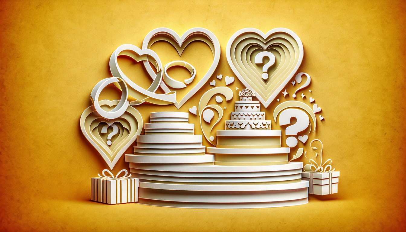 Paper art wedding trivia quiz banner with rings cake hearts arrows on golden yellow background.