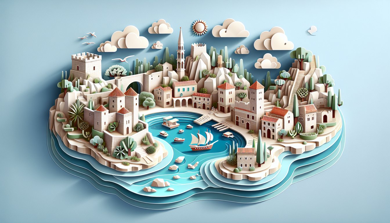 Paper art illustration of Croatia map landmarks and quiz title on sky blue background