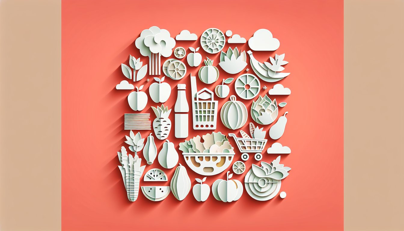 Paper art illustration of fruits vegetables and lean meats on coral background for grocery store quiz