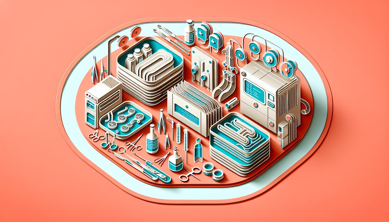 Paper art of gloves instruments vials and syringes around question marks on coral background for sterile processing quiz