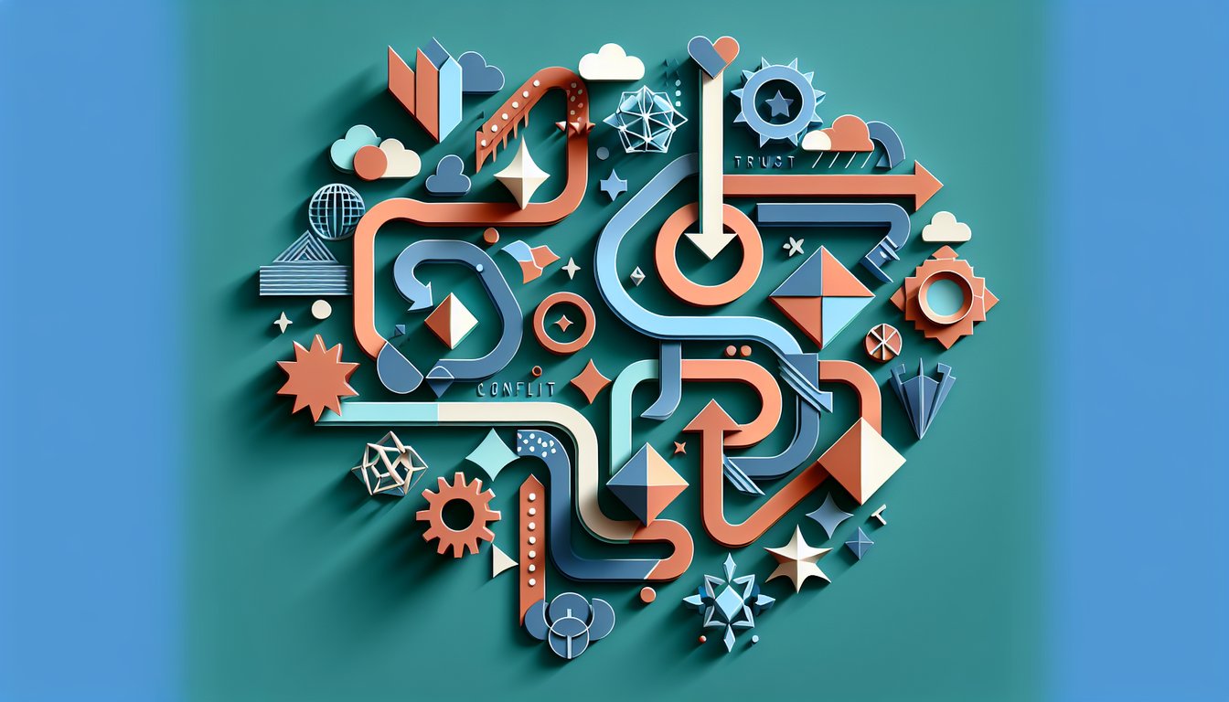 Paper art illustration for team dysfunctions quiz on teal background