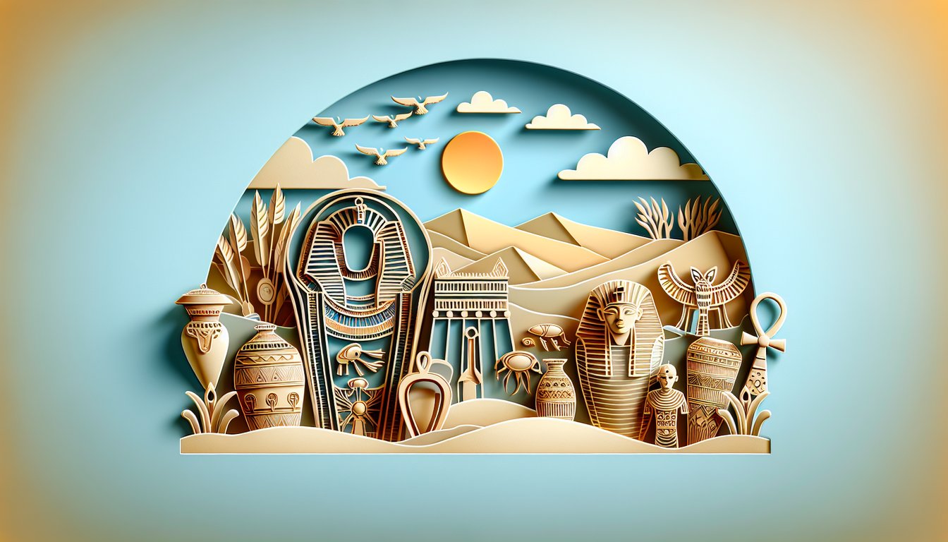 Layered paper art of a golden sarcophagus open against a sky blue background with desert sands tomb pillars and hieroglyphs