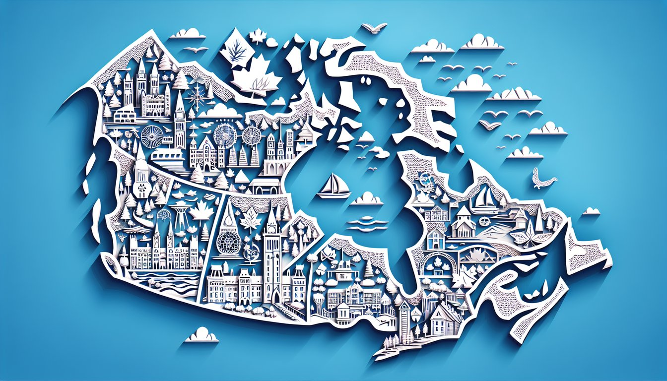 Paper art style map of Canada highlighting provinces and capitals quiz prompt on sky blue background