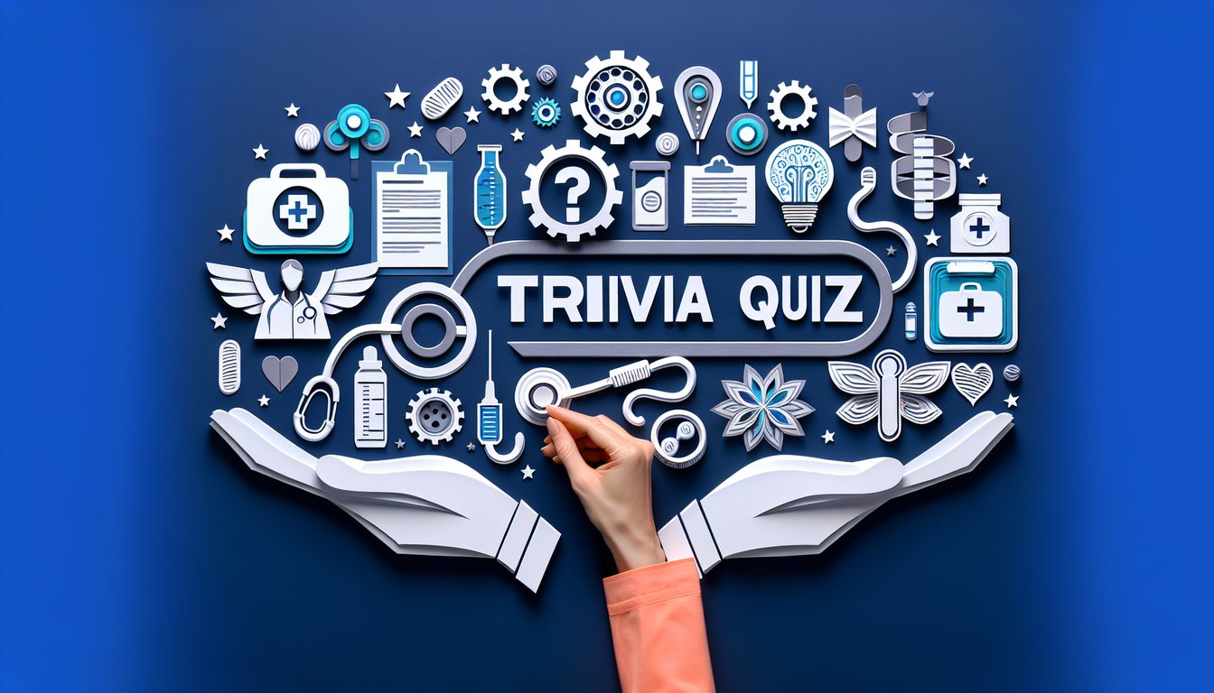 Colorful paper art promoting a trivia quiz on core nursing assistant concepts for exam prep.