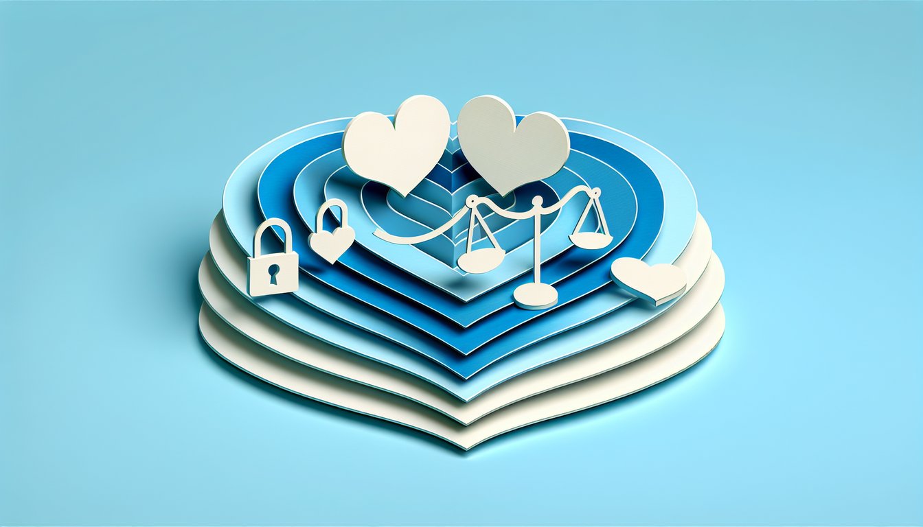Paper art illustration of couple with heart shaped question mark on sky blue background for trust in boyfriend quiz