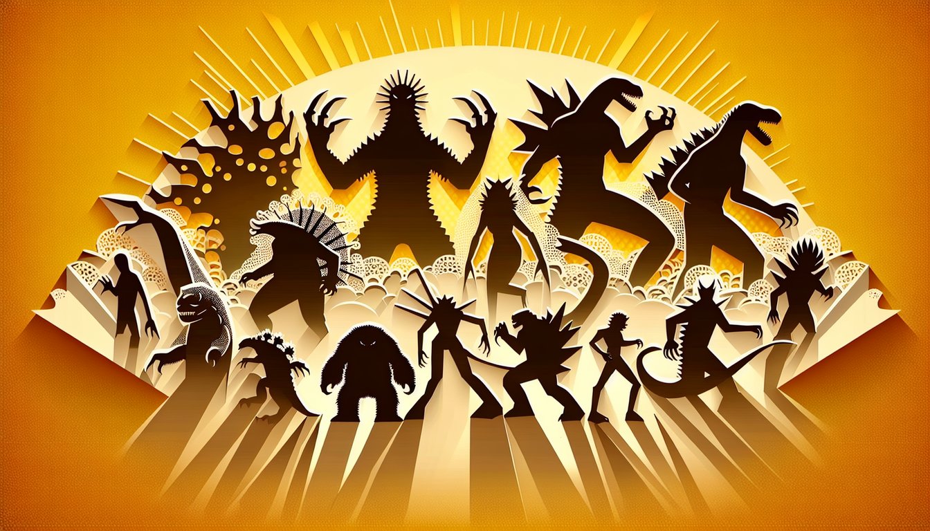 Paper art illustration for Godzilla personality quiz on a golden yellow background.