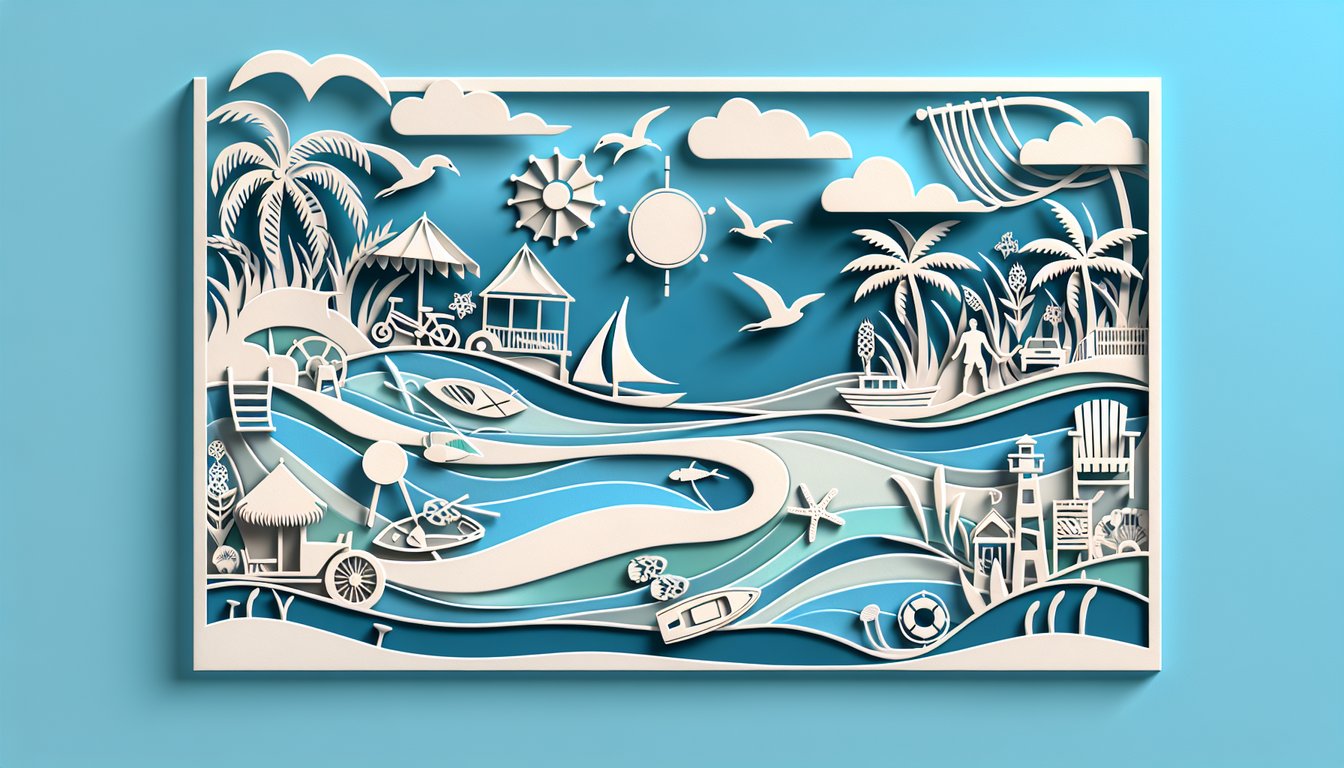 Paper art illustration for Outer Banks spirit quiz on a sky blue background