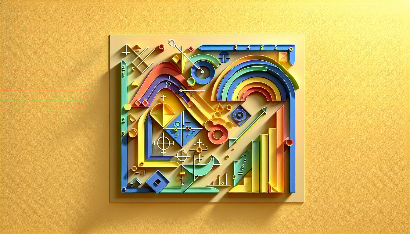 Paper art illustration features calculus symbols area volume shapes on golden yellow background for integration quiz