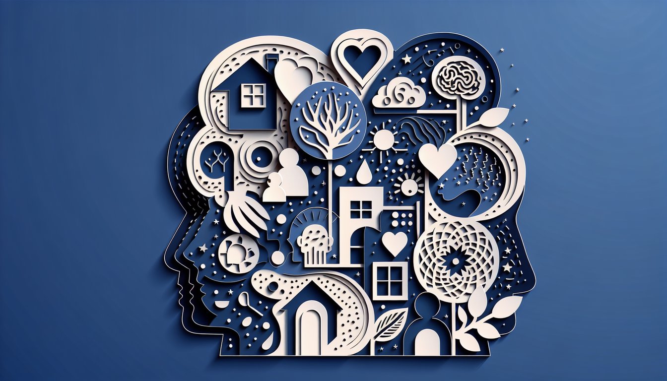 Paper art illustration for quiz about understanding emotional distance from parents on dark blue background