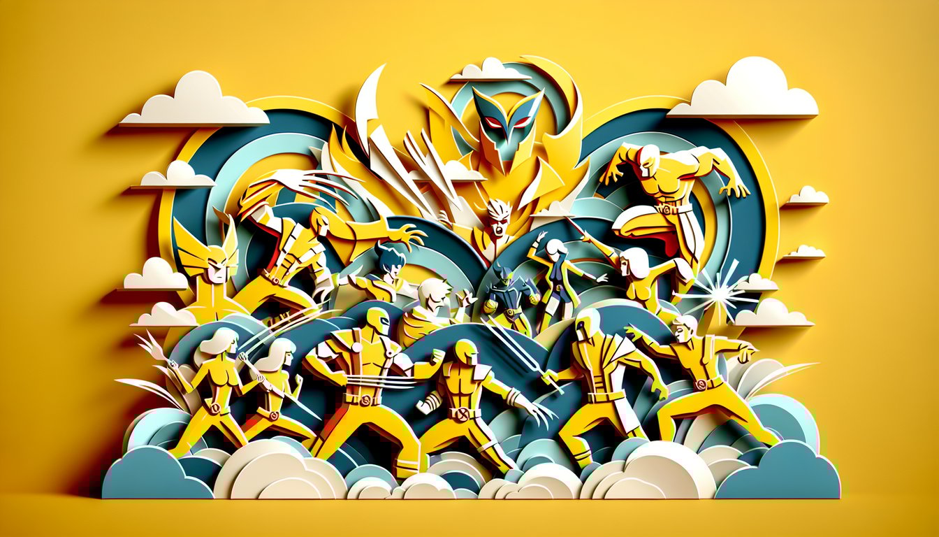 Paper art illustration for X-Men movie trivia quiz on a golden yellow background