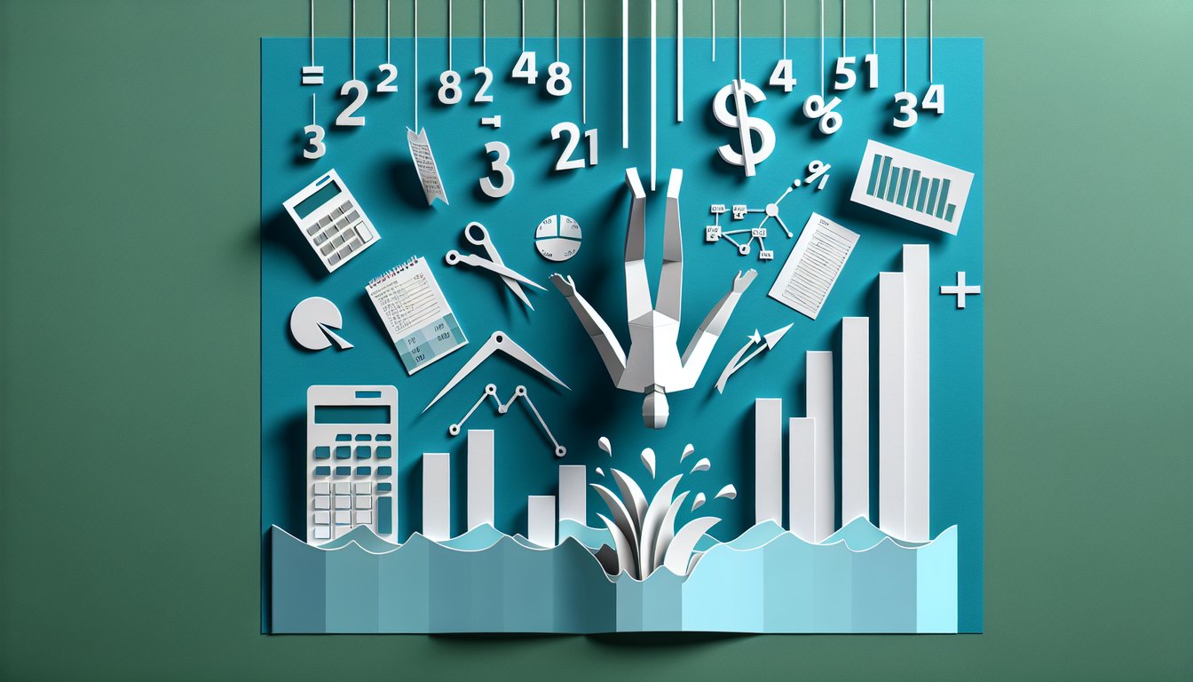 Paper art style illustration with calculator graphs charts and equations over teal background for equation skills quiz