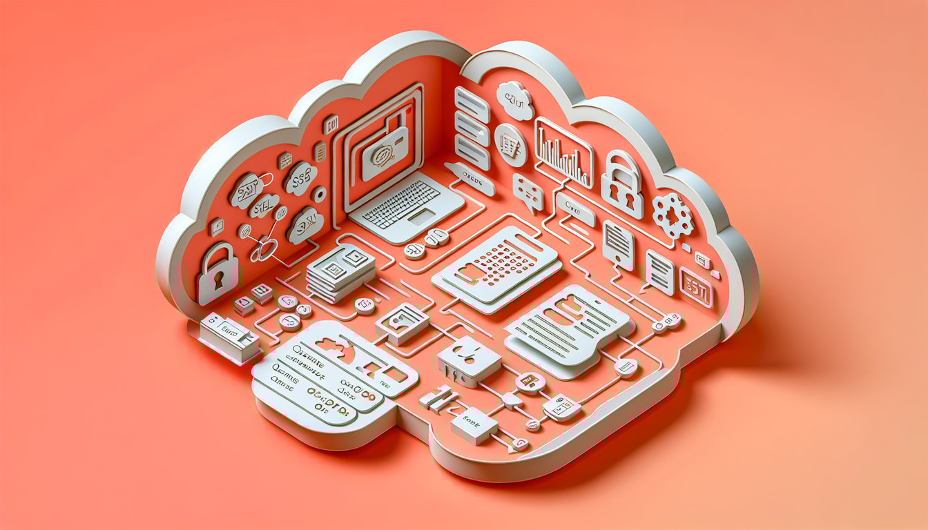 Paper art illustration of paper sheets code symbols and database cylinder icon on coral background representing SQL quiz