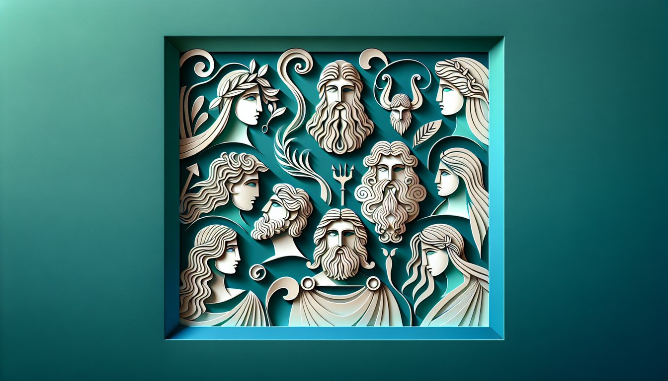 Paper art illustration of laurel wreath lightning bolt trident on teal background for demigod quiz