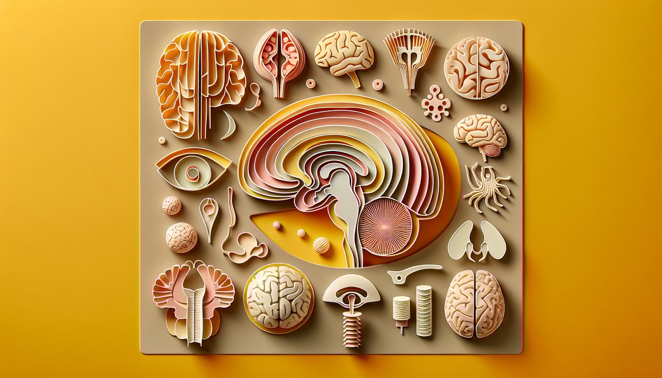 Paper art illustration for brain regions quiz on a golden yellow background
