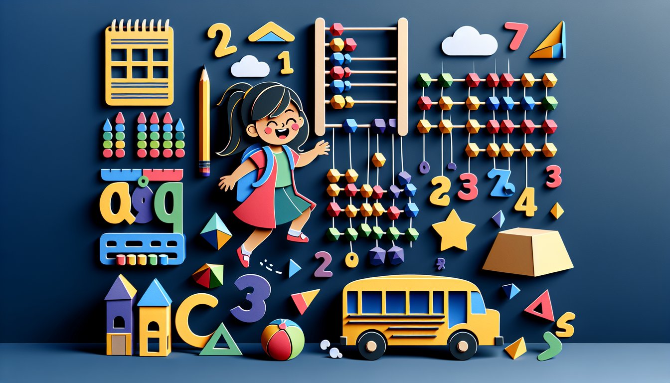 Colorful paper art letters numbers shapes on dark blue background inviting kindergarten quiz challenge