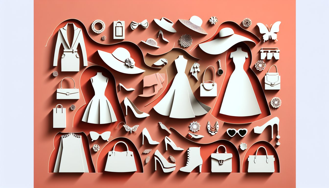 Paper art collage of fashion icons and trivia symbols on coral background inviting free style quiz challenge