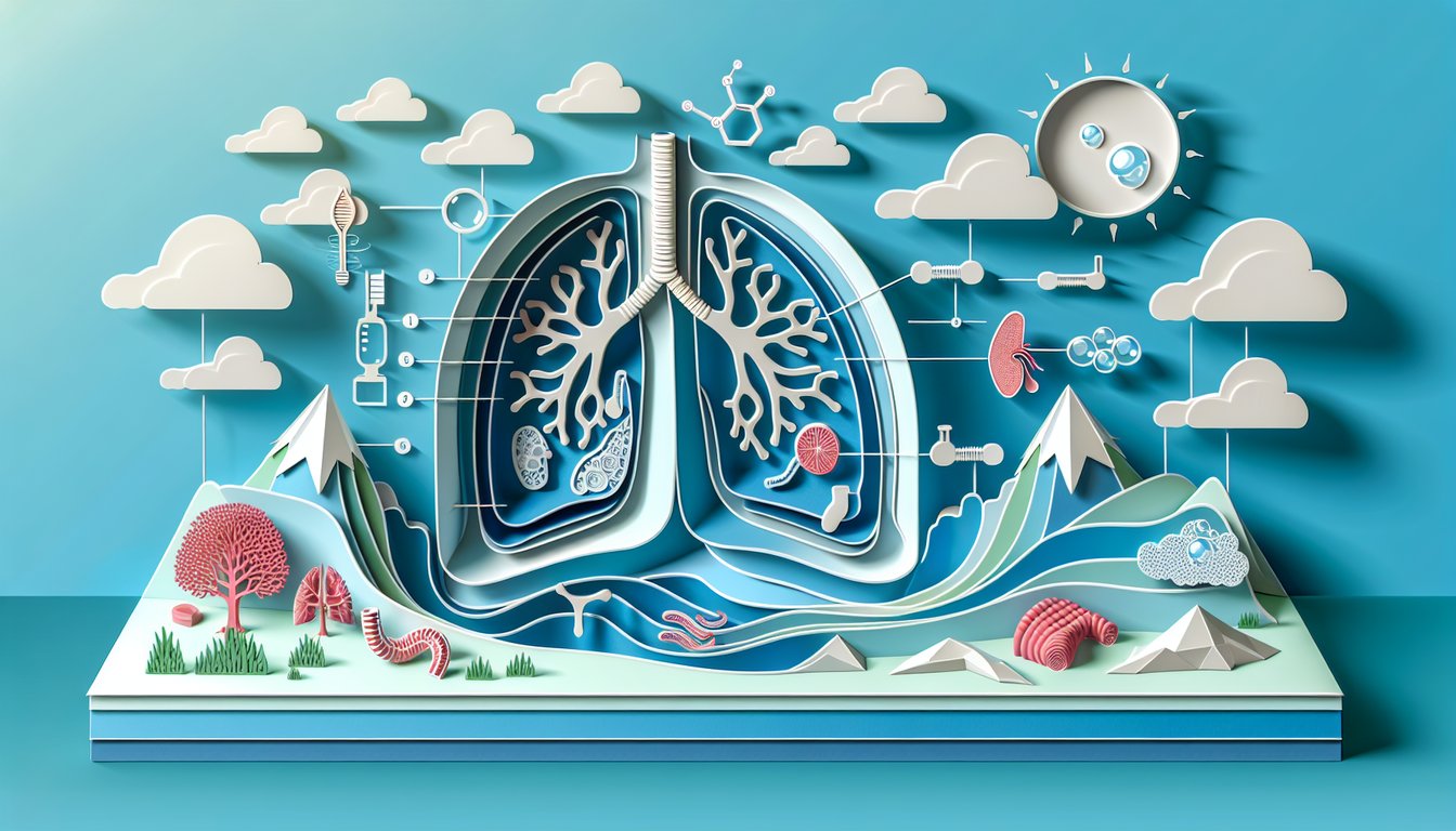 Paper art illustration of lungs diaphragm alveoli showing gas exchange on sky blue background