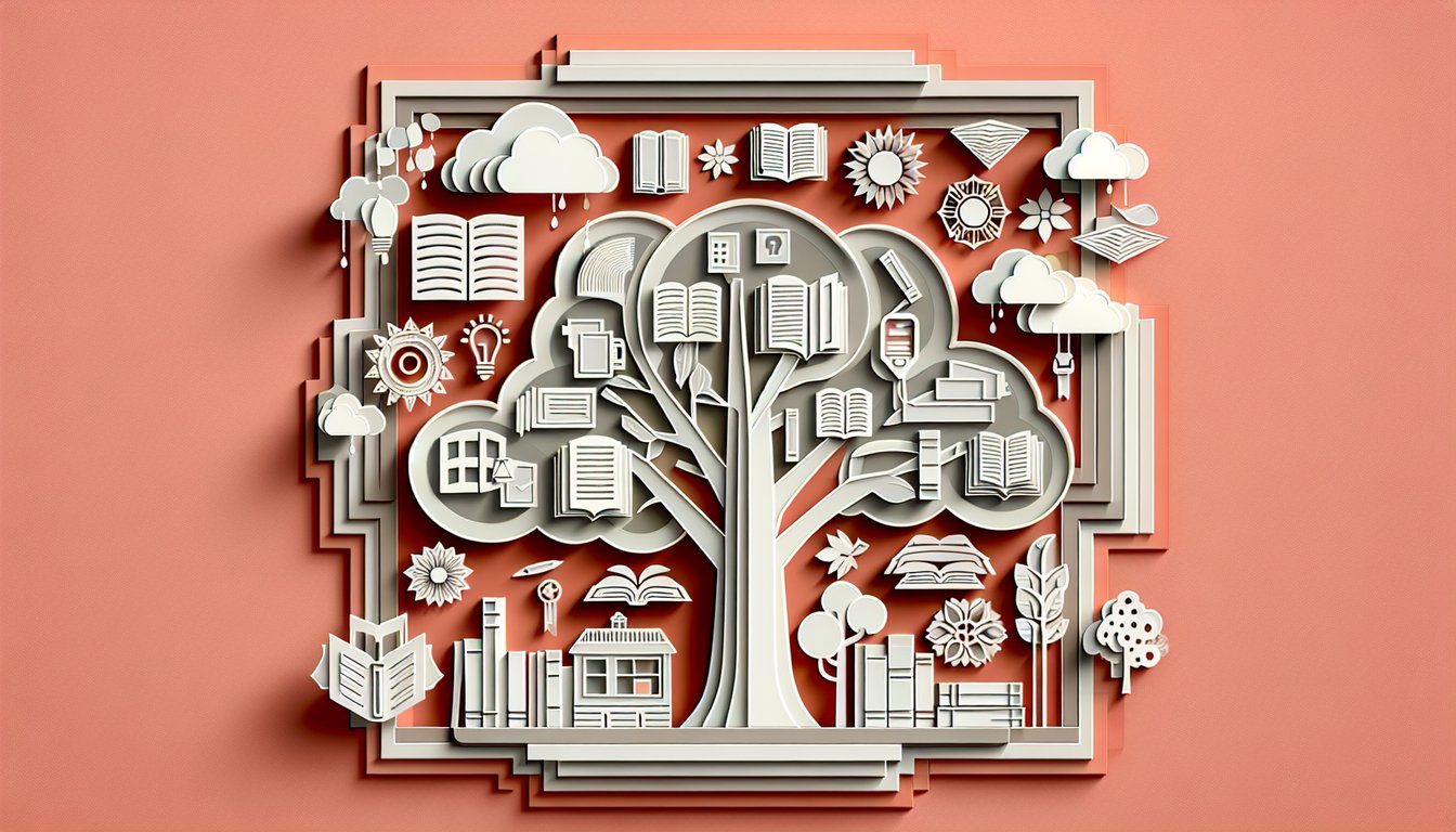 Paper art stacked books and open pages forming reader silhouettes on coral background inviting reading personality quiz