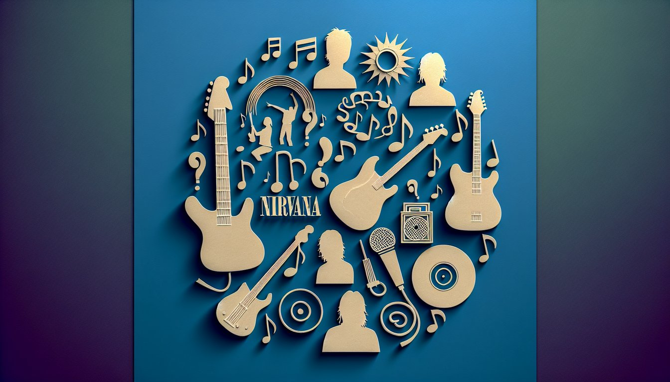 Colorful paper art promoting a Nirvana Band Trivia Quiz.