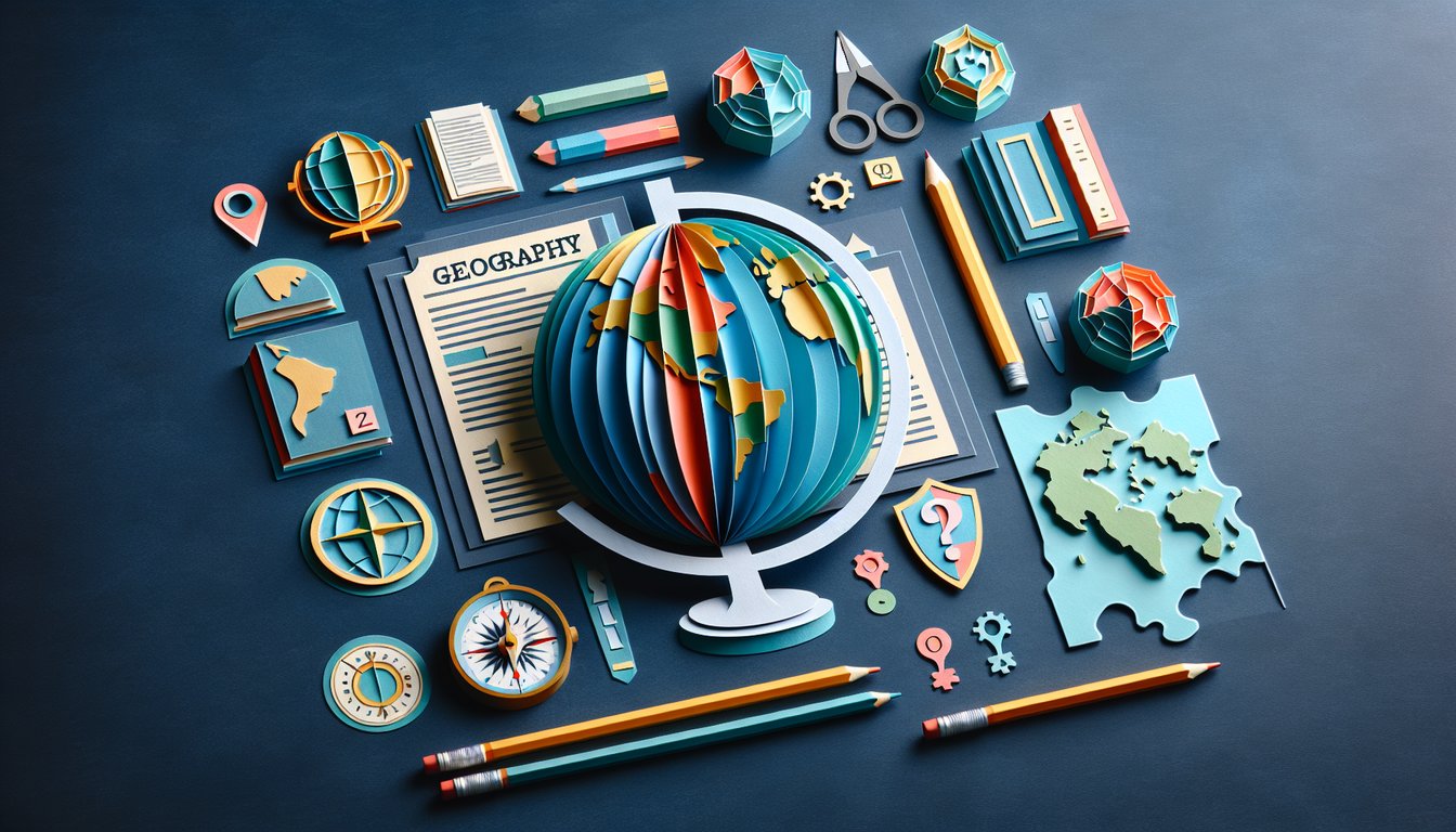 Colorful paper art depicting a geography quiz for high school students.