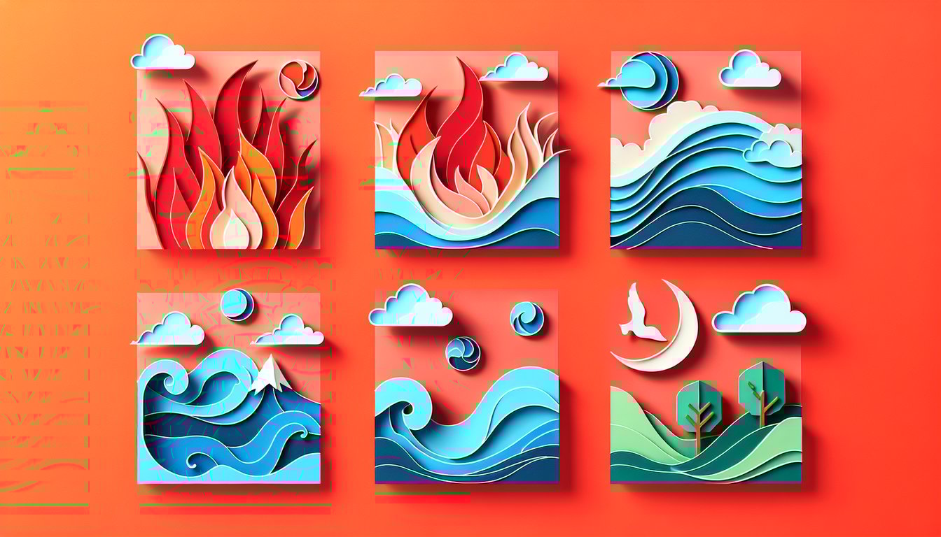 Paper art style coral background with stylized fire water earth and air symbols for a personality quiz.
