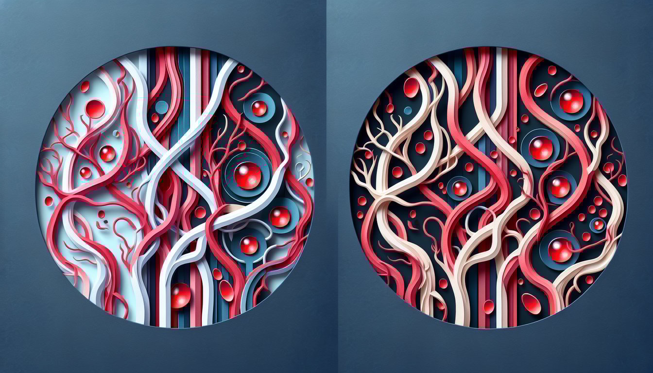 Paper art illustration of two stylized blood vessels side by side one dilated one constricted on dark blue quiz backdrop