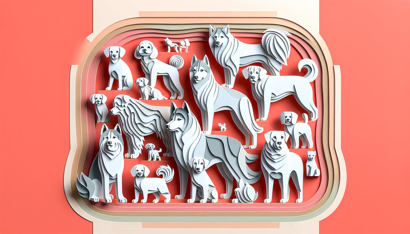 Paper art illustration of dog face silhouette and quiz title on coral background inviting viewers to name famous pups
