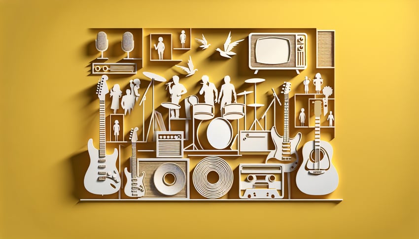 paper art illustration for Big Time Rush trivia quiz featuring songs episodes and dolls on golden yellow background