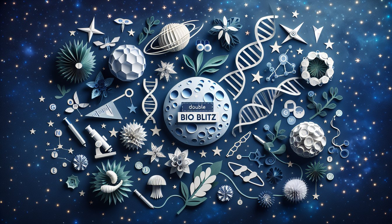Paper art promoting Double Bio Blitz trivia quiz for high school biology students.