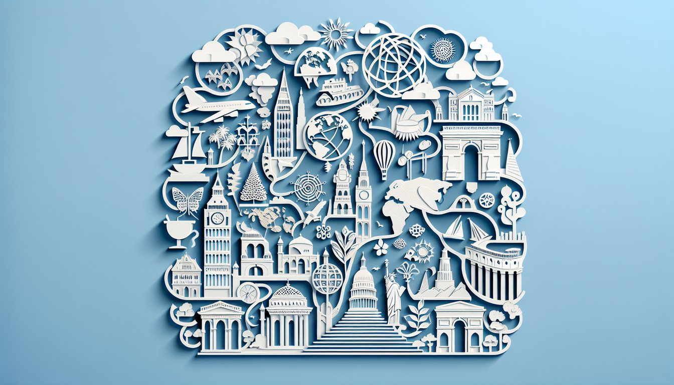 Paper art illustration for quiz to find perfect homeland based on lifestyle and values on sky blue background.
