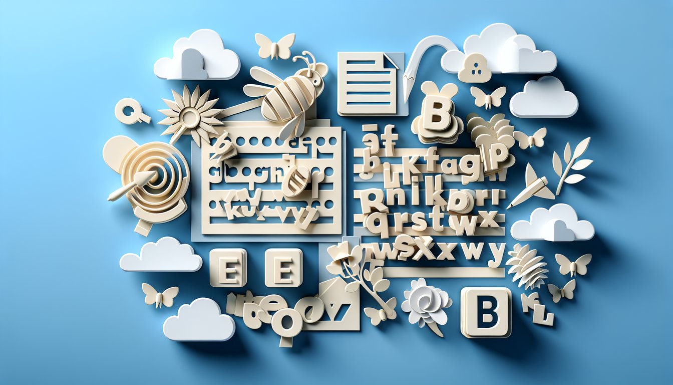 Paper cut letters form spelling quiz scene with book pencil banners on sky blue background promoting spelling challenge
