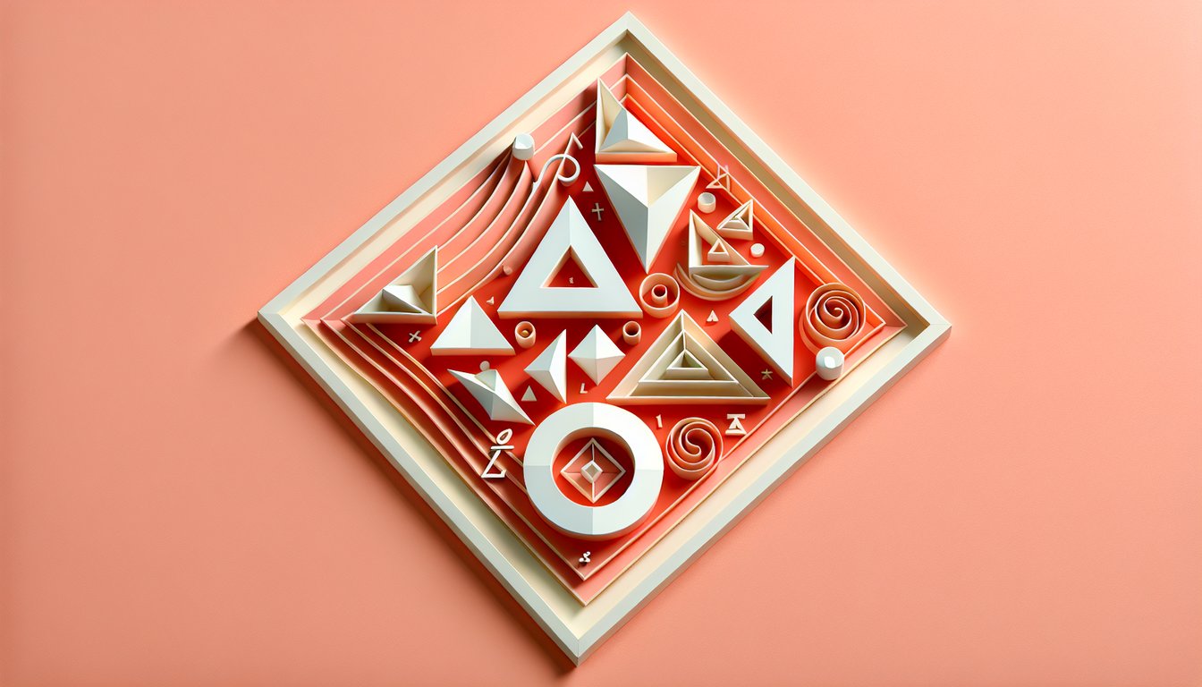 Paper art parallelogram and triangle with area formulas and grid lines on coral background