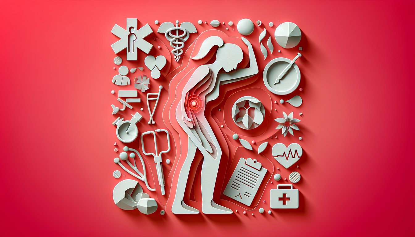 paper art illustration for fibromyalgia quiz showing pain and stiffness icons challenge yourself on coral background