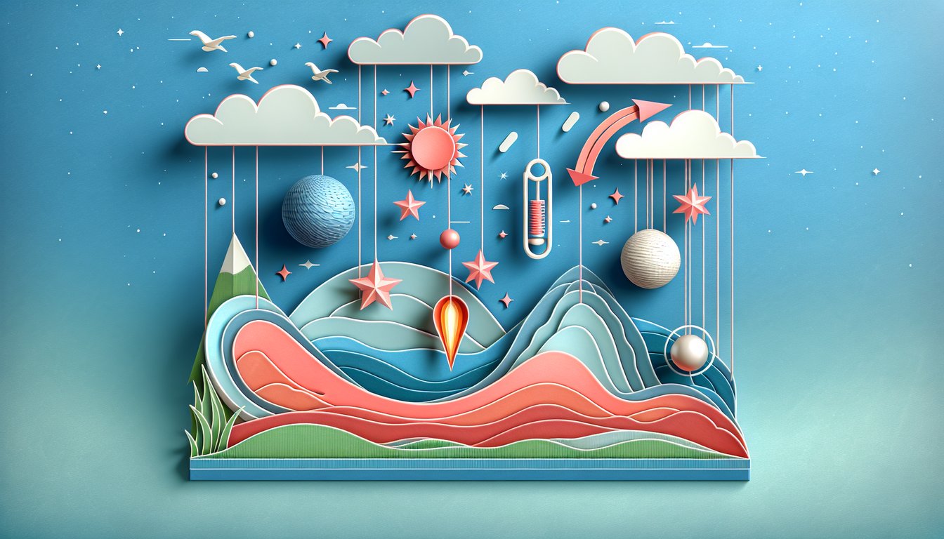 Paper art illustration for kinetic and potential energy quiz on sky blue background