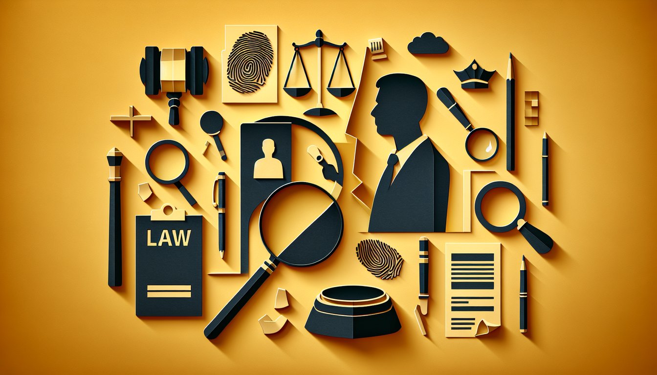 Paper art illustration for legal skills quiz with crime scenes and cases on a golden yellow background.