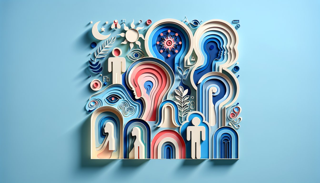 Paper art illustration showing layered colorful shapes forming an aura spectrum on sky blue background, quiz invitation