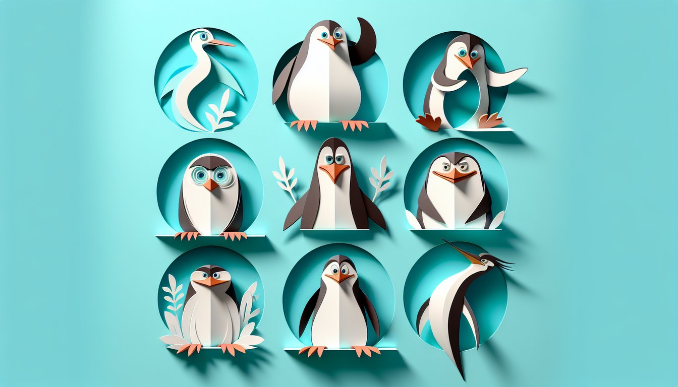 Paper art style penguin characters on teal background with quiz title Penguins of Madagascar challenge