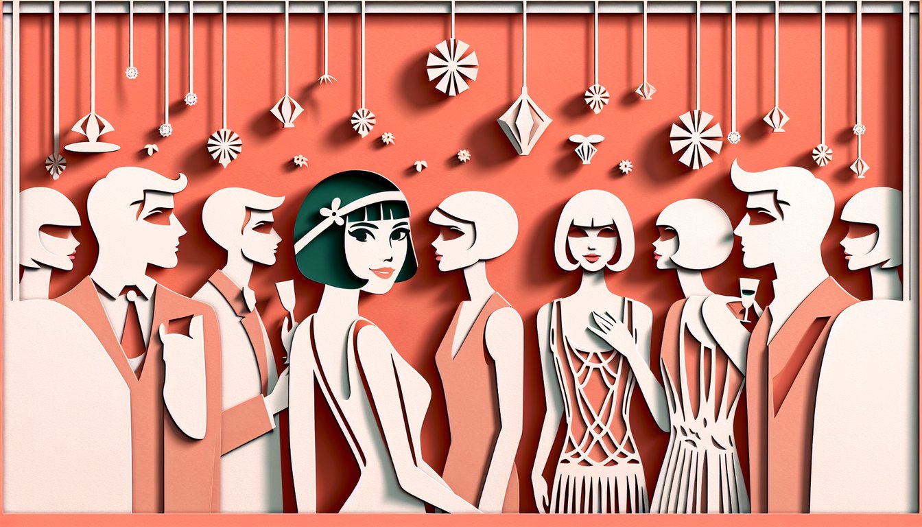 Paper art flapper haircut illustration for 1920s bob style personality quiz on coral background