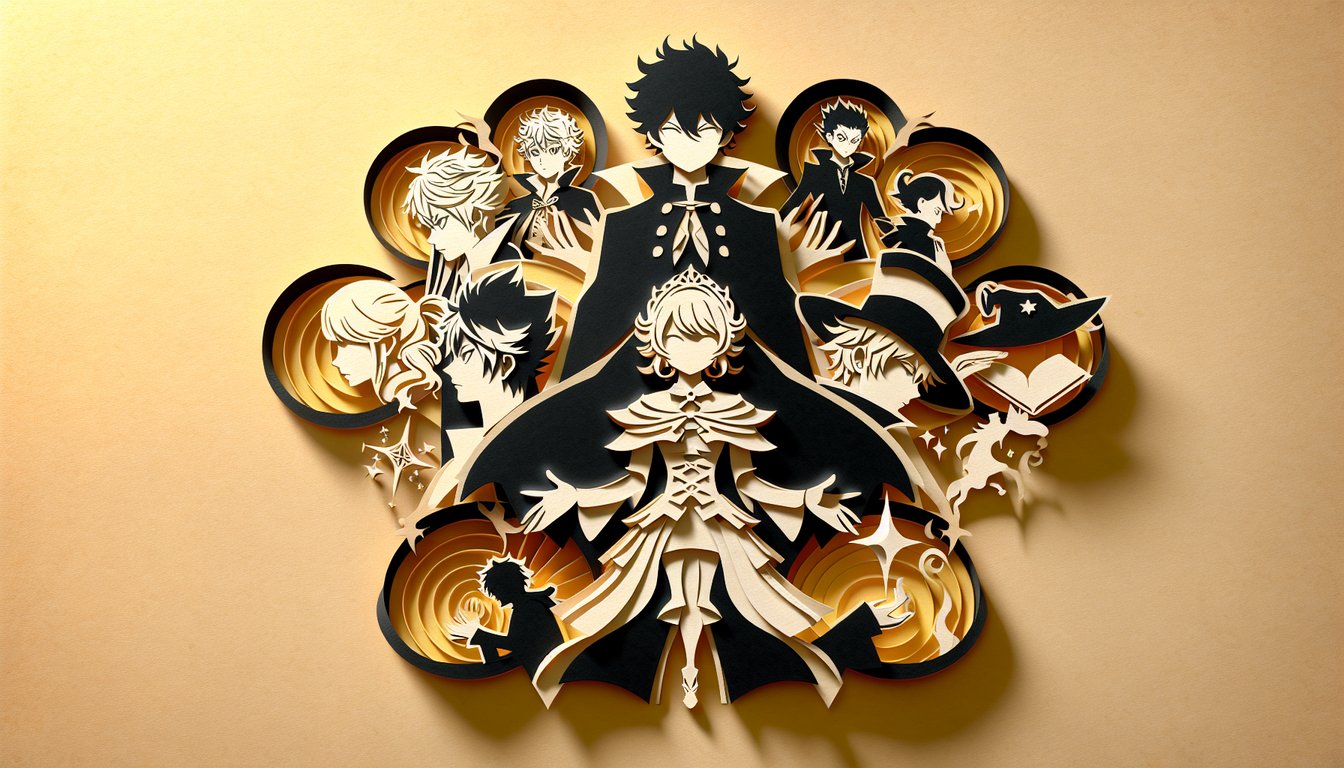 Black Clover character quiz paper art illustration on a golden yellow background
