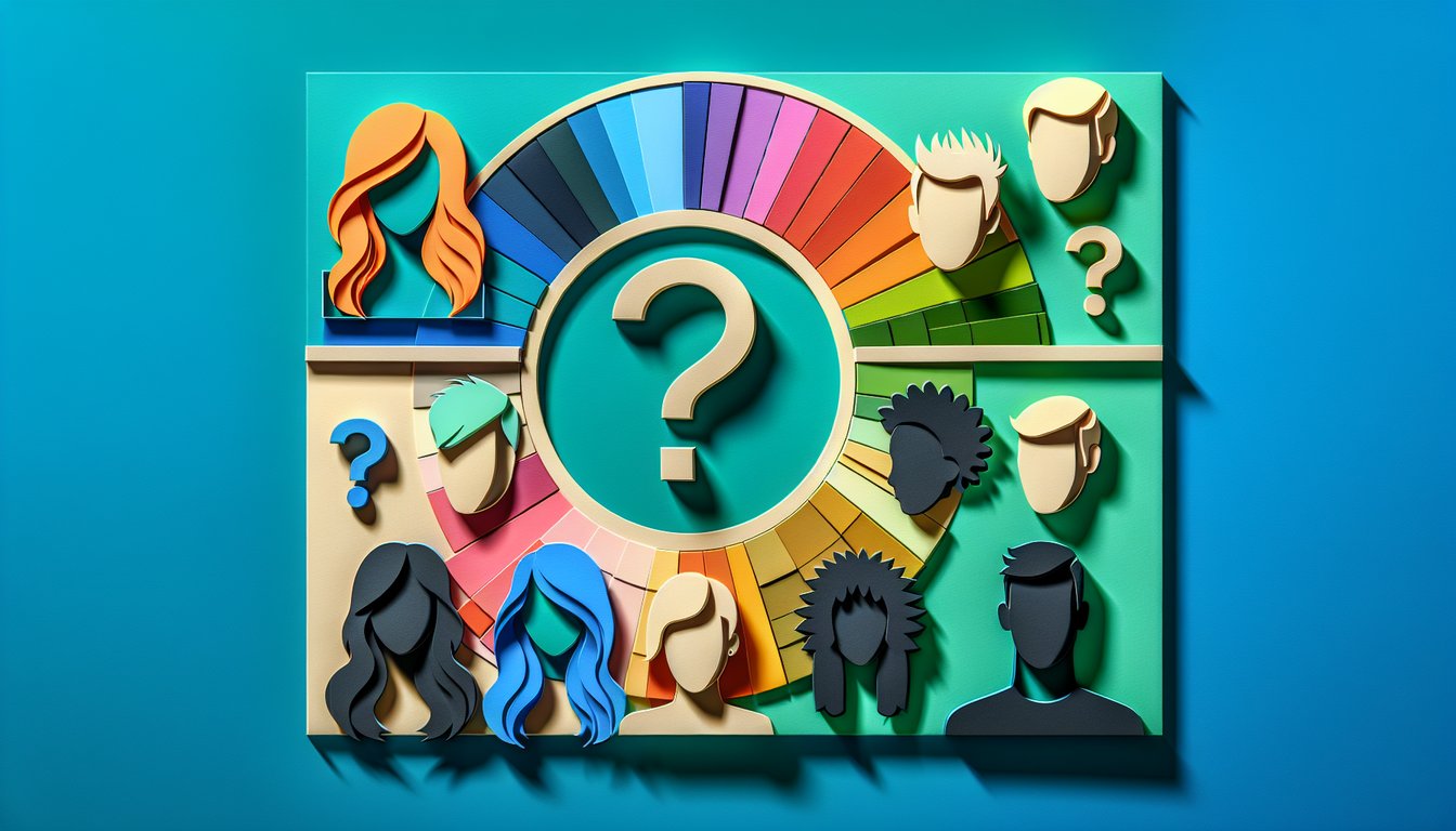 Paper art illustration of hair silhouettes and color swatches on teal background promoting free hair color quiz