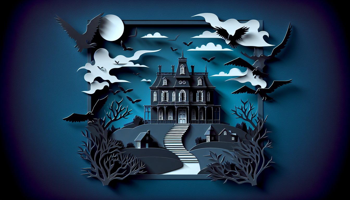 Paper art illustration for Fall of the House of Usher quiz on dark blue background